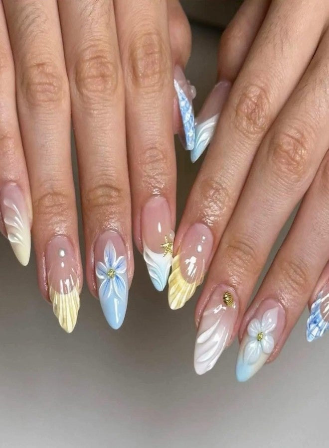 MISUD Press on Nails - Medium Almond Glue on Nails with Blue Beach, Acrylic Handmade 3D Flower Design 24 pcs - Image 1